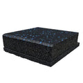 Black rubber gym flooring tiles with bright blue speckles on top of 10mm Shockpad, shown in a layered cross-section view on a white background.