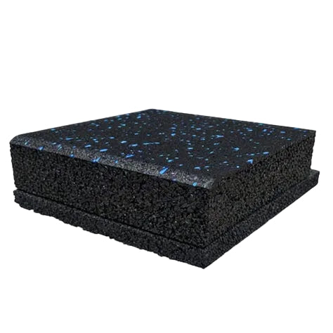 Black rubber gym flooring tiles with bright blue speckles on top of 10mm Shockpad, shown in a layered cross-section view on a white background.