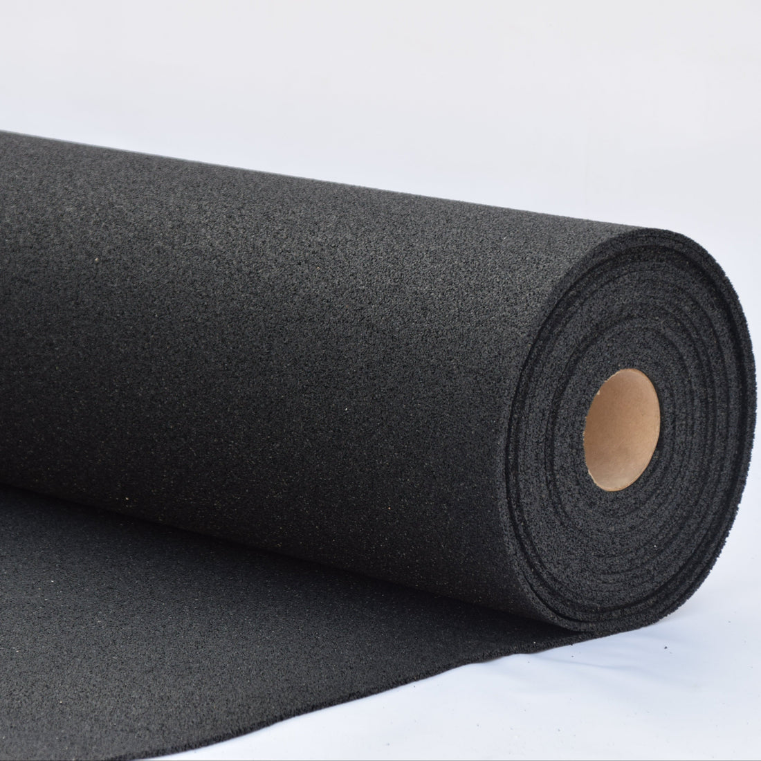 Roll of 10mm black gym floor insulation material on a white background