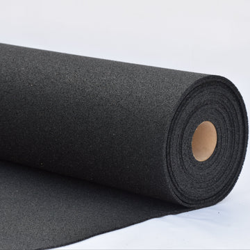 Roll of 10mm black gym floor insulation material on a white background