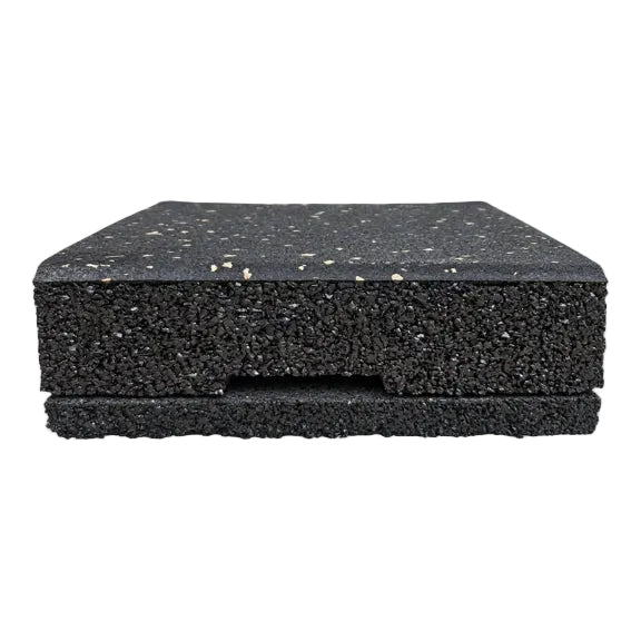 Two stacked black rubber mats, 10mm shockpad with 20mm Terrafit Duo Gym Tile with white speckles on top, shown on a plain white background.