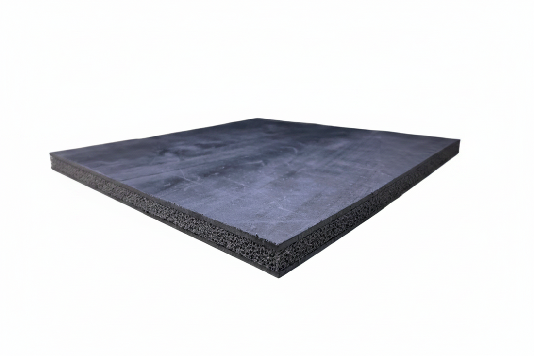 Square piece of black acoustic matting, three layers for anti vibration