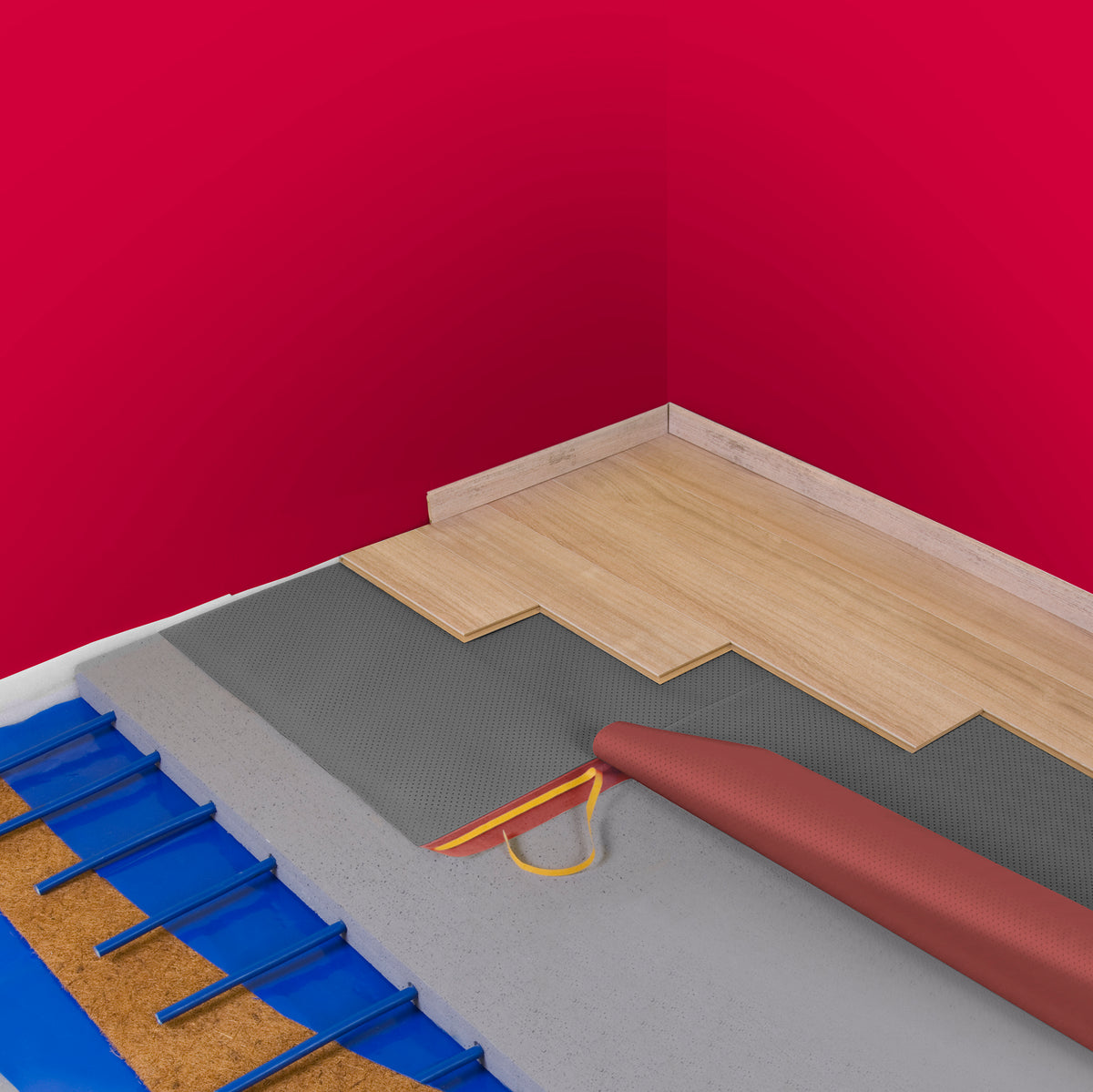 Underfloor heating floor build-up with acoustic underlay and Jumpax flooring
