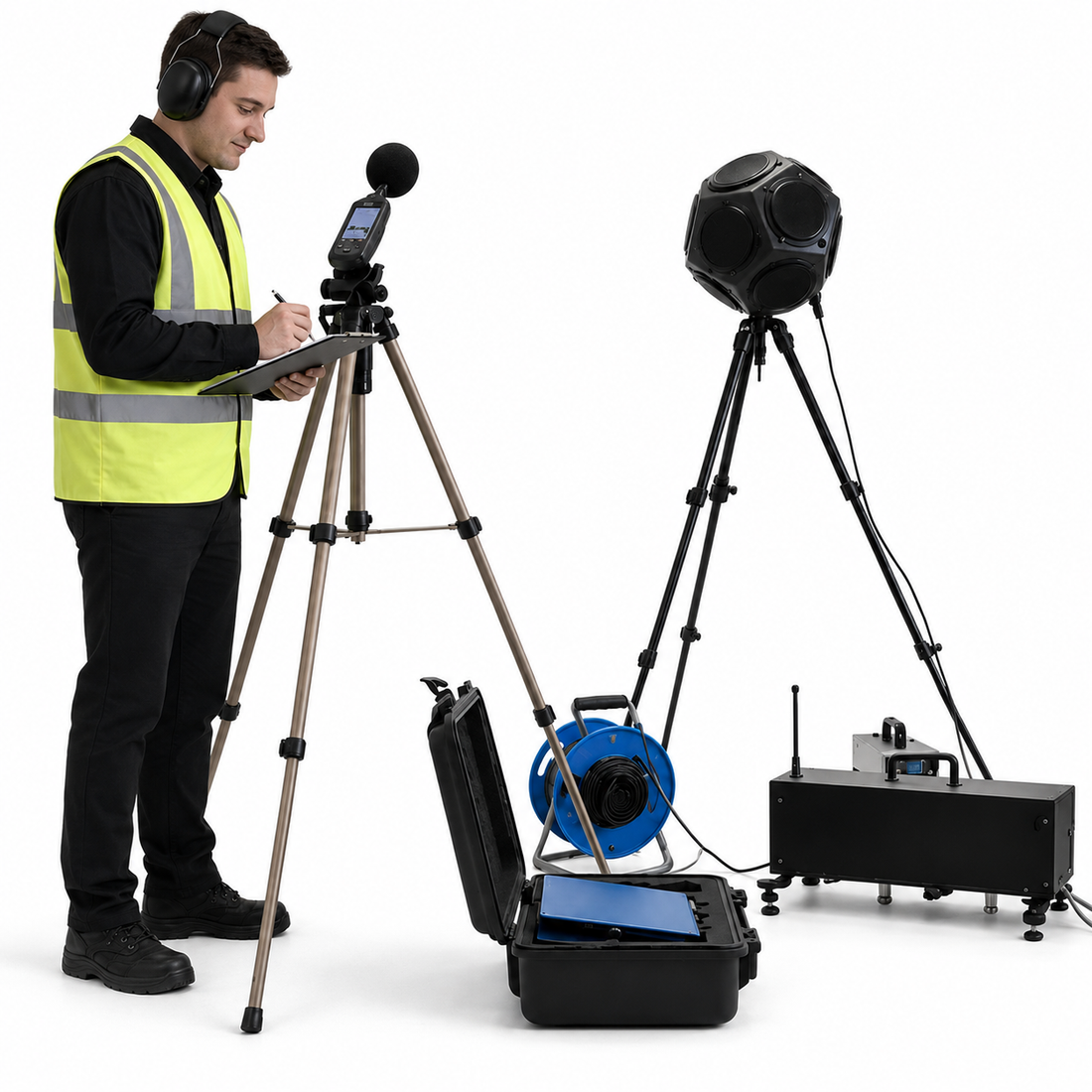 An acoustic engineer wearing a high-visibility safety vest, steel boots and headphones stands beside a complete sound testing kit displayed on a white background, including a tripod-mounted microphone, an airborne sound emitter, a carrying case with a tablet, a blue extension lead, and a tapping machine for impact testing