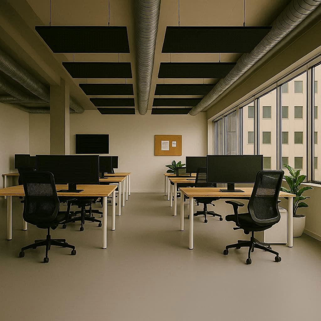 Modern office with desks, chairs, and large windows. Black Pure-kustik absorption panels suspended from ceiling