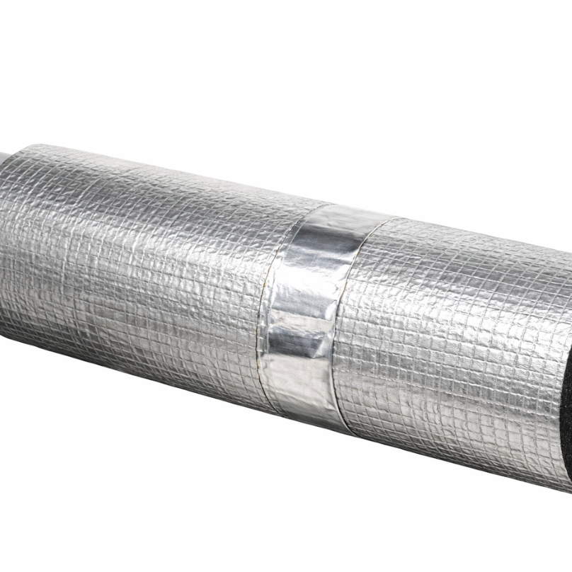 Metallic tape wrapped around a SilenceCore treating Pipe on a white background