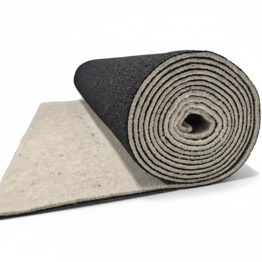 Roll of wool / rubber blend carpet underlay on a white background