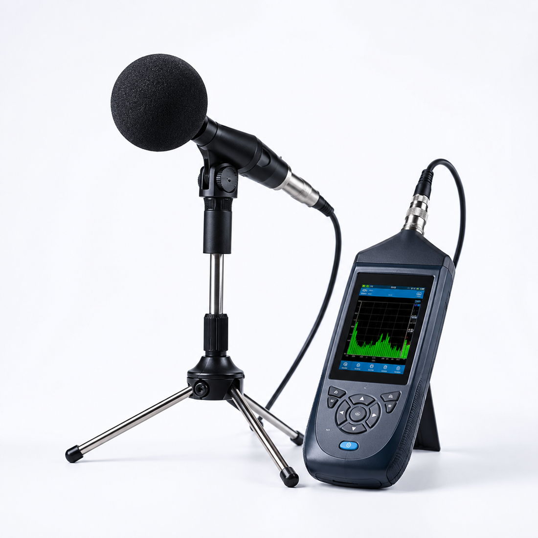 An acoustic engineer wearing a high-visibility safety vest, steel boots and headphones stands beside a complete sound testing kit displayed on a white background, including a tripod-mounted microphone, an airborne sound emitter, a carrying case with a tablet, a blue extension lead, and a tapping machine for impact testing