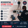 Residential sound testing services, showing an acoustic measurement setup in a room with a person seated and holding an airborne sound testing  device, Part E building regulations and booking information.