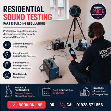 Residential sound testing services, showing an acoustic measurement setup in a room with a person seated and holding an airborne sound testing  device, Part E building regulations and booking information.