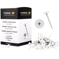 Box of 100 Troldtekt structure screws for wood and steel, shown next to several white self-drilling screws and a circular detail graphic on a white background.