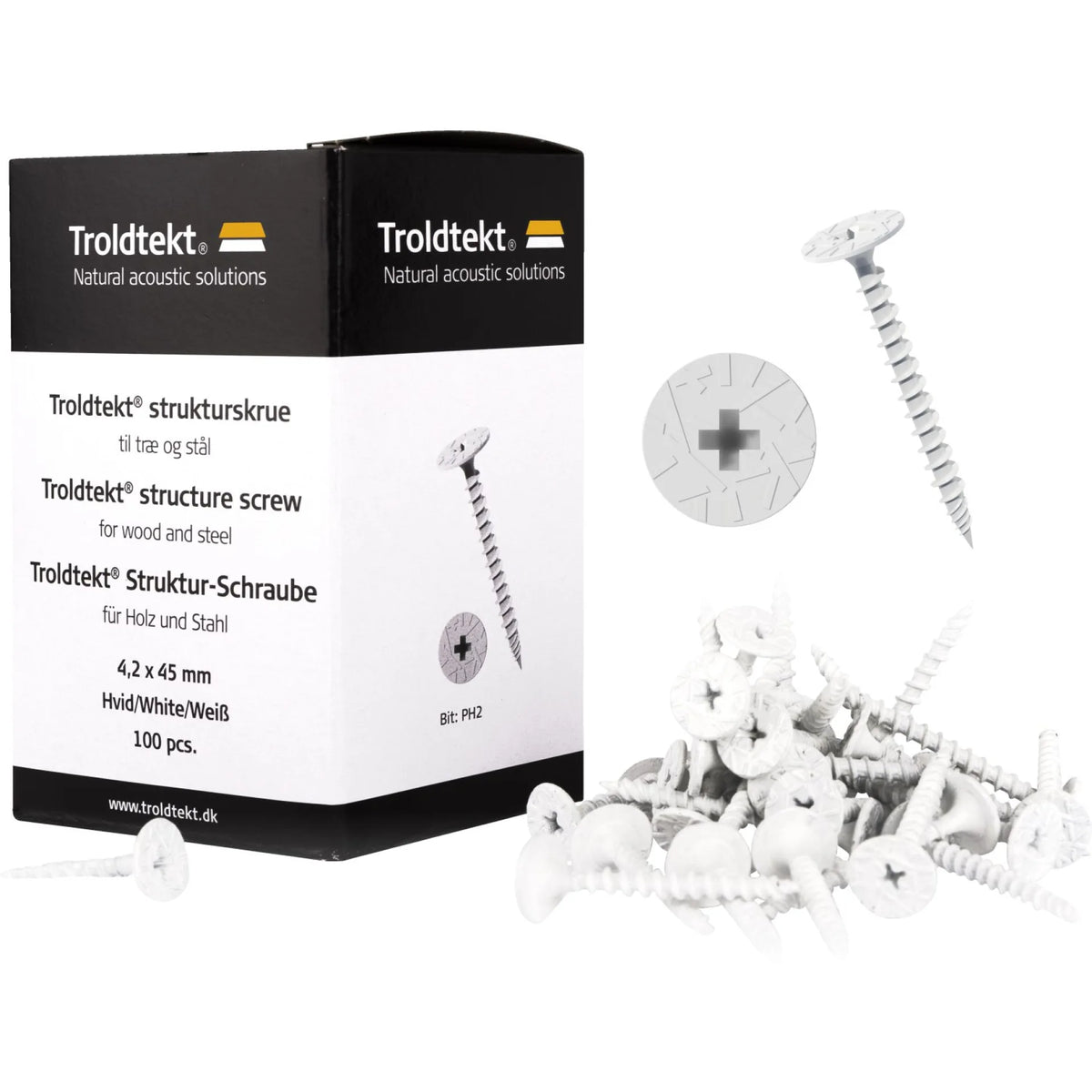Box of 100 Troldtekt structure screws for wood and steel, shown next to several white self-drilling screws and a circular detail graphic on a white background.