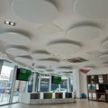 Ceiling with circular acoustic panels in a modern interior setting