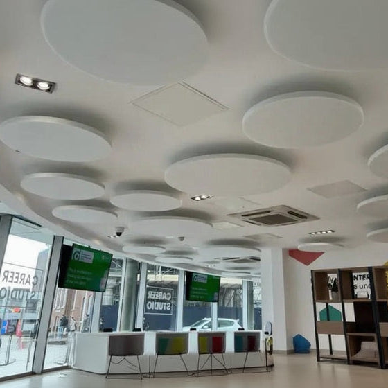 Ceiling with circular acoustic panels in a modern interior setting
