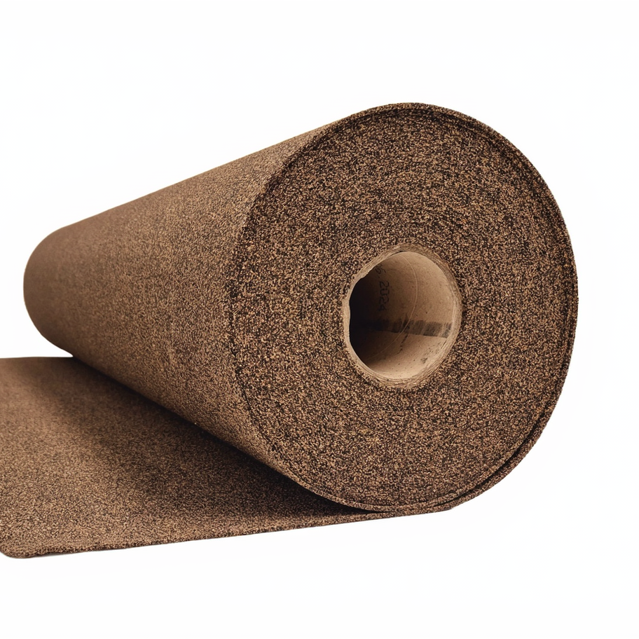 A roll of high density rubber cork showing the material surface, photographed on a plain white background
