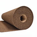 A roll of high density rubber cork showing the material surface, photographed on a plain white background