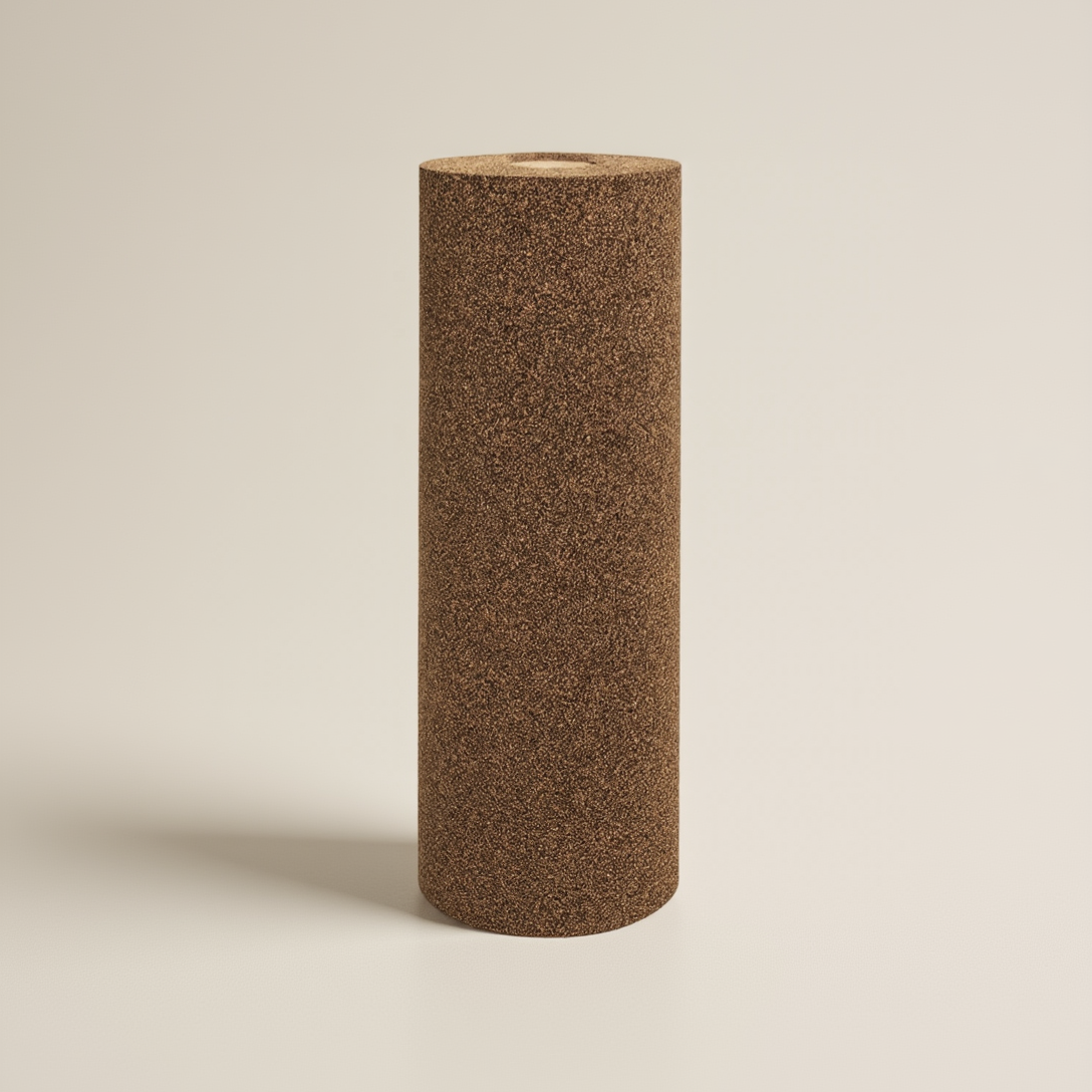 A roll of high density rubber cork showing the material surface, photographed on a plain white background