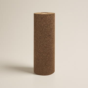 A full shot of dB Advanced LVT Underlay rolled and stood up. It's cylindrical with a brown and black fleck standing upright on a light beige background.