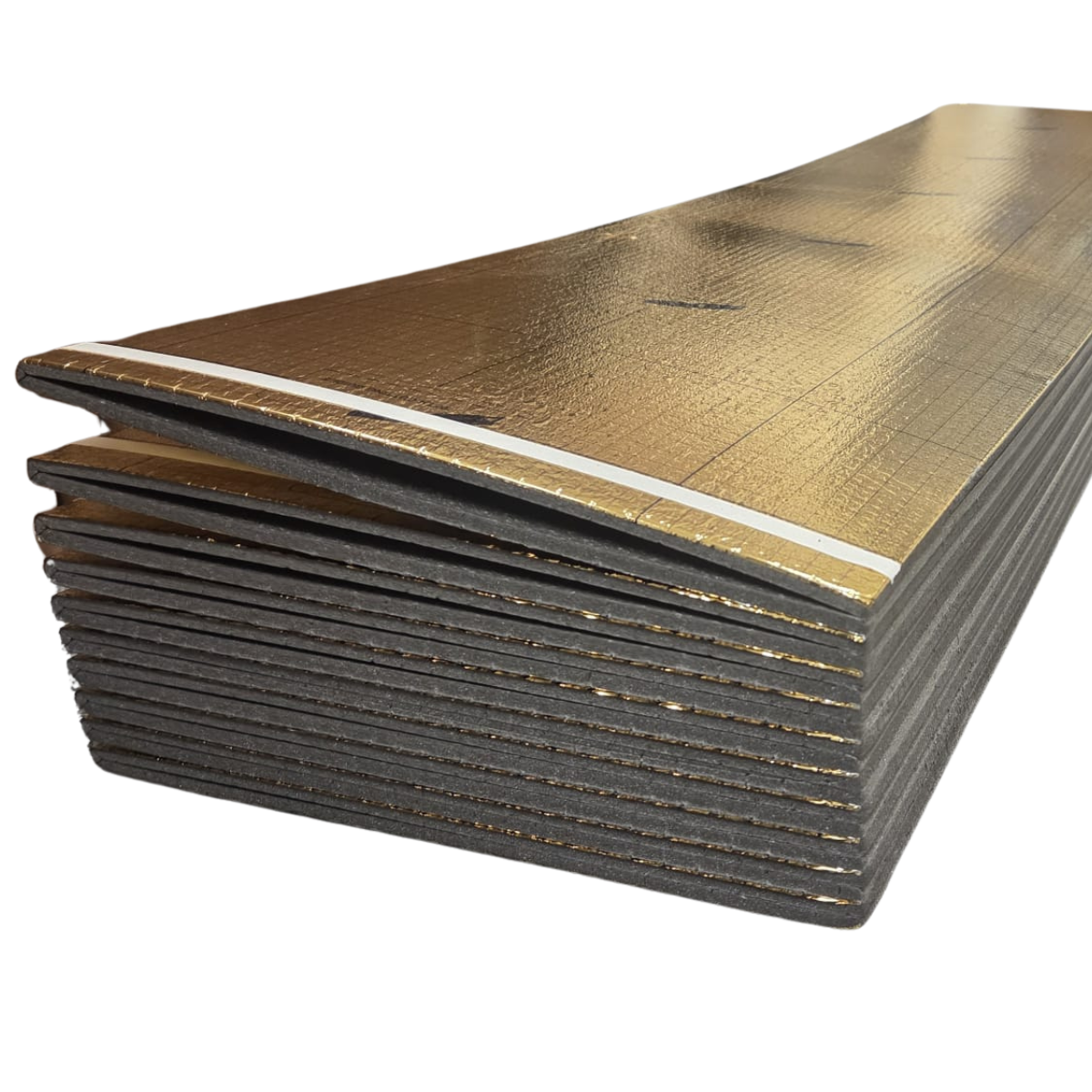 A stack of folded gold reflective foil sheets with a white adhesive backing at the joints, shown on a plain white background.