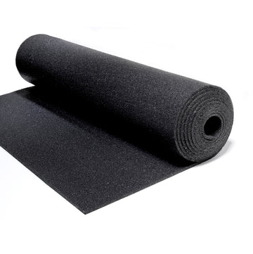 A roll of black resilient underlay material designed for use with various flooring types.