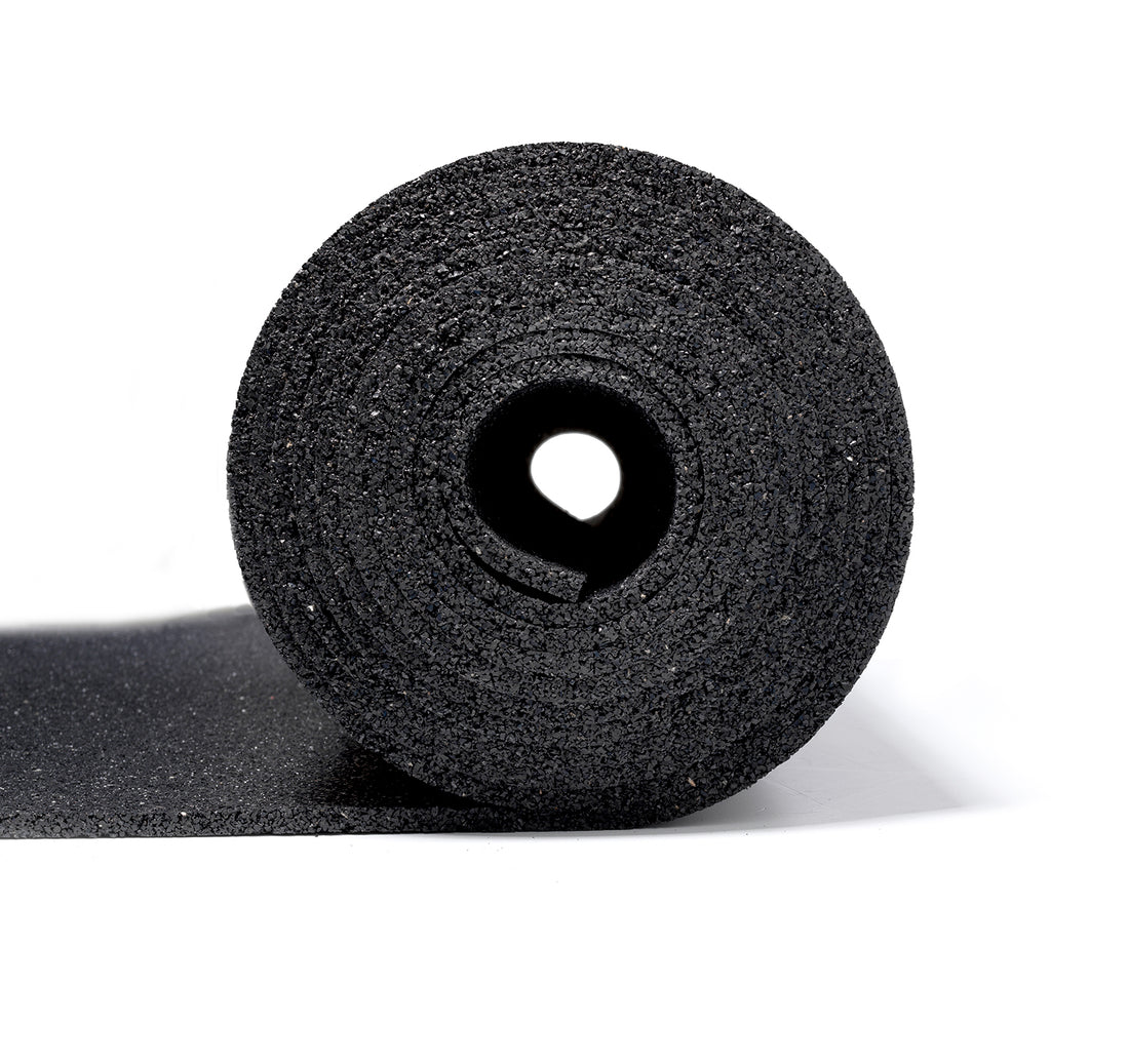 A roll of black resilient underlay material designed for use with various flooring types.