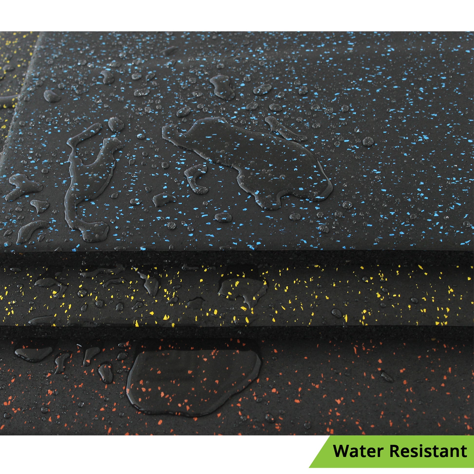 Alternate angle of Close-up of TerraFit Duo gym tile with water beading, showing water-resistant properties.