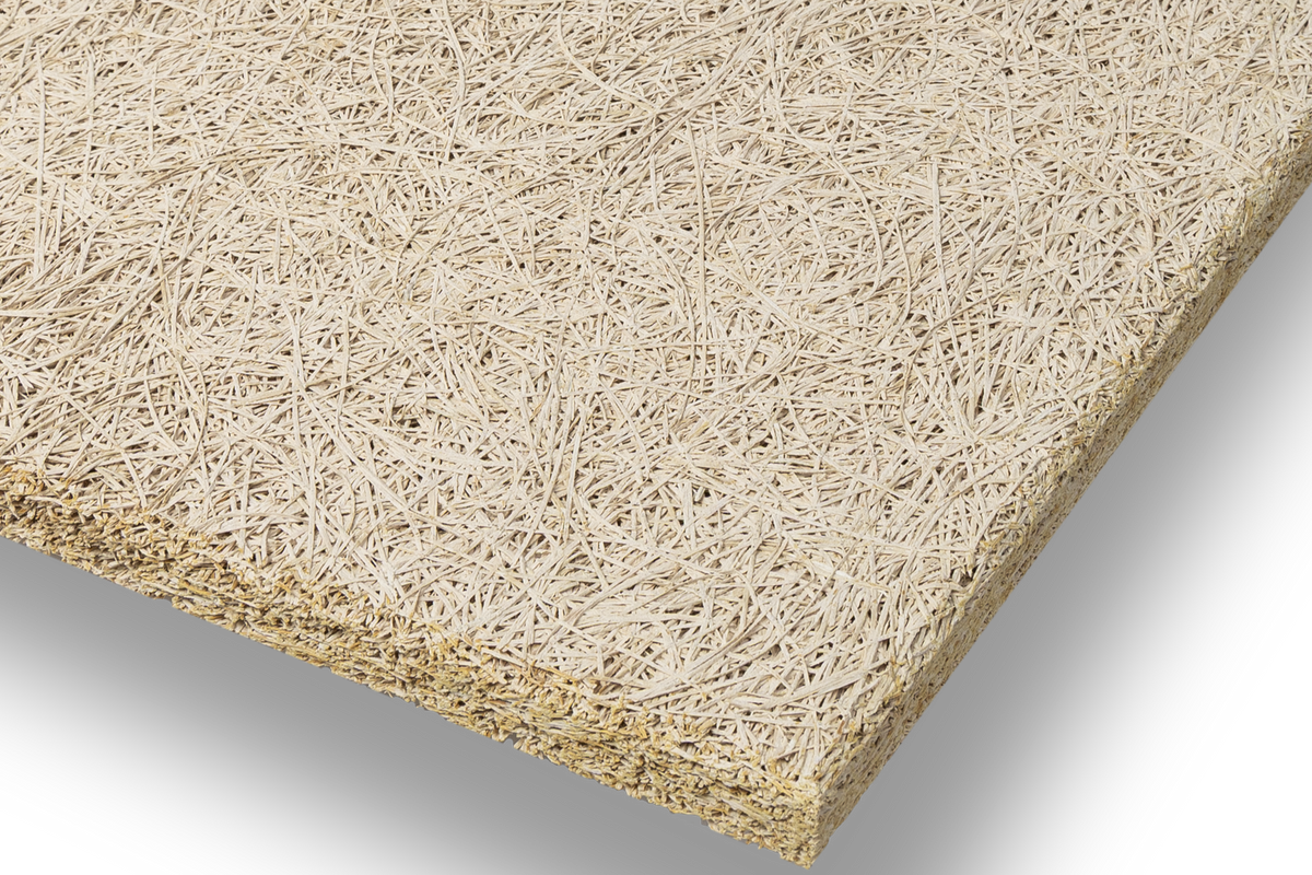A rectangular panel of Troldtekt natural wood material sample shown at an angle on a clean white background, with a visible textured surface and slightly darker edge.