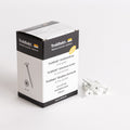 A box of Troldtekt structure screws for wood and glass, shown next to several white self-tapping wood screws on a clean white background.