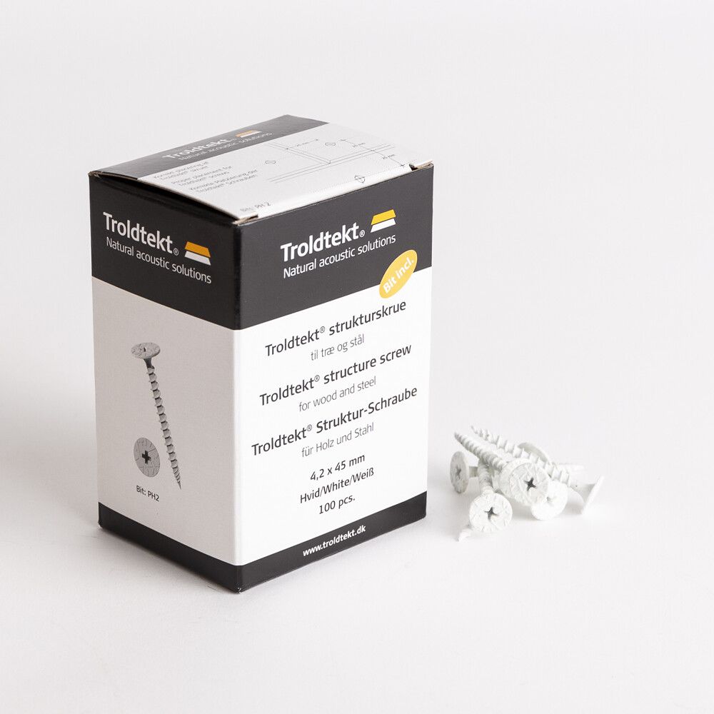 A box of Troldtekt structure screws for wood and glass, shown next to several white self-tapping wood screws on a clean white background.